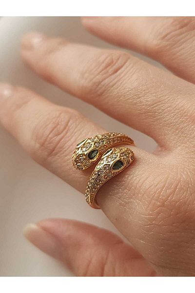 ZÜLİSCH Snake Model Zircon Green Eye Ring Xp Vip Series Steel Rose (Adjustable Size)