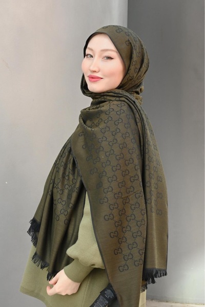 Pull Scarfs Εισαγόμενο μάλλινο μεταξωτό σάλι G μοτίβο - Χακί