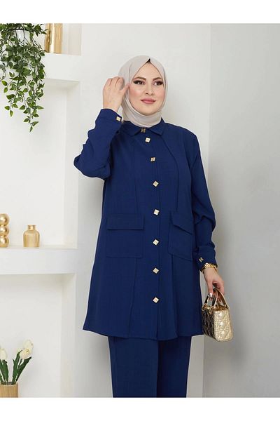 EFSUN MODA Σετ πουκάμισο Navy Blue Long Size - Oversize Hijab Suit