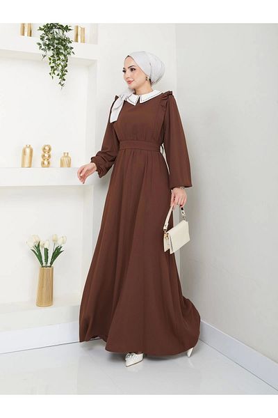 EFSUN MODA Γυναικείο φόρεμα με κεντημένο μουσουλμανικό γιακά σε καφέ χρώμα