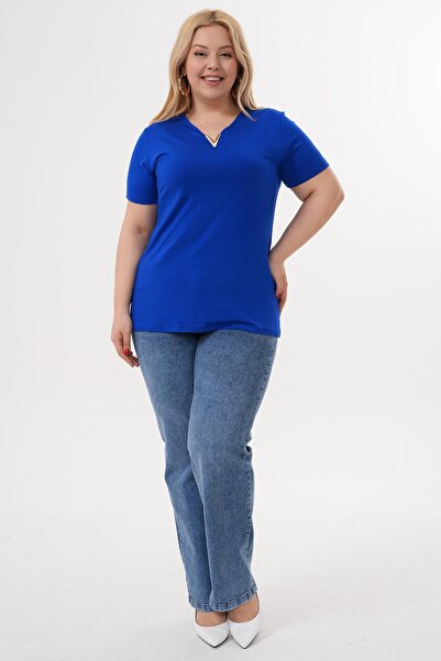 Siyezen Large Size Bamboo Fabric V Gold Buckle Detailed Blouse