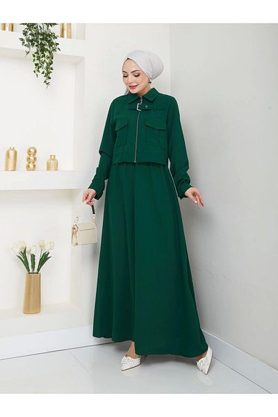 EFSUN MODA Σετ Hijab σε χρώμα Emerald - με φούστα, φερμουάρ τσέπης και μπουφάν