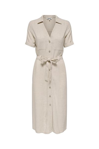 ONLY Μόνο Onlsiesta Linen Mixed Regular Fit V-λαιμόκοψη Midi φόρεμα με τσέπες 15347210