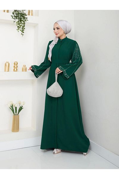 EFSUN MODA Дамска рокля Абая с изумрудено оцветени камъни - Hijab Clothing