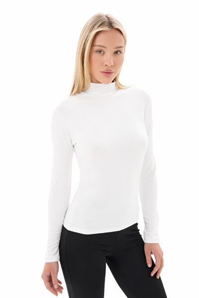 ParlaMira Women's White Viscose Stretch Fabric Half Turtleneck Blouse