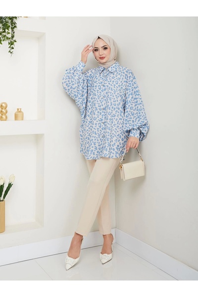 EFSUN MODA Cămașă JESICA CU IMPRIMARE LEOPARD MĂRIME STANDARD MÂNECĂ LUNGĂ 2508 ALBASTRU