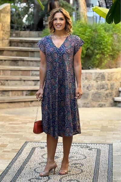 Nevin Kaya Moda Rochie Afitap cu model de faianță bleumarin