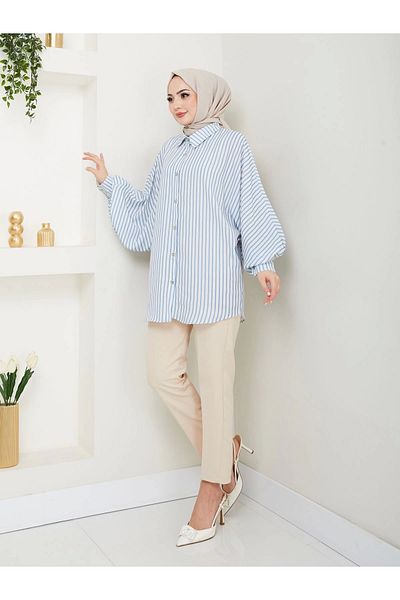 EFSUN MODA Μπλε πουκάμισο Jesica - Ριγέ με μοτίβο, μέγεθος Standert, μακρύ μανίκι 2506