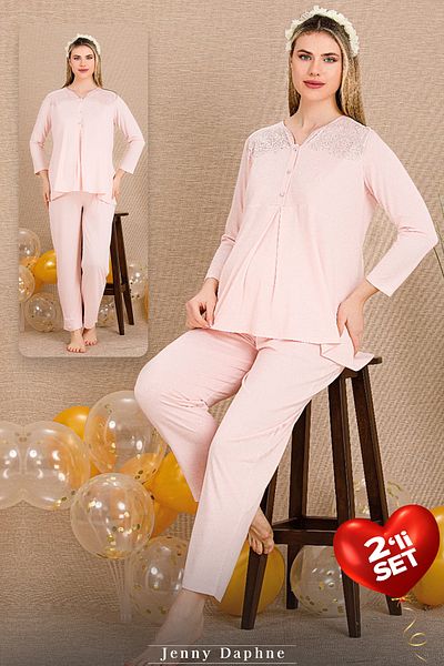 Jenny Daphne Viscose Fabric 2 Shoulder Lace Embroidered Maternity Pajamas Set 33201