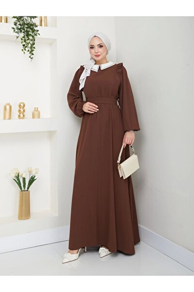 EFSUN MODA Γυναικείο φόρεμα με κεντημένο μουσουλμανικό γιακά σε καφέ χρώμα