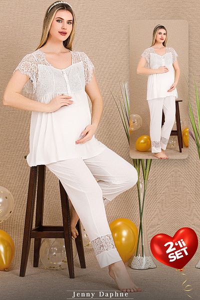 Jenny Daphne Viscose Fabric 2 Shoulder and Leg Lace Maternity Pajamas Set 33200
