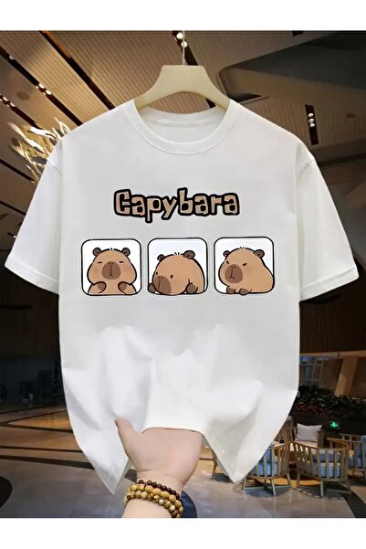 vinraus Tricou din bumbac pieptănat cu imprimeu frontal Capybara alb pentru f...