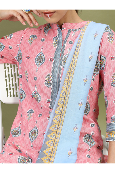 Vishudh By Styli Women Pink Printed Cotton Kurta Set with Dupatta