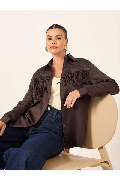 Styli Solid Lace Insert Regular Fit Shirt with Fringe Detail