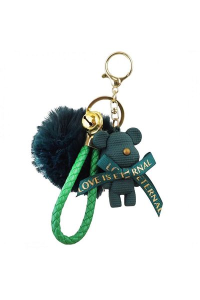 ECARLA Breloc verde cu puf, ursuleț și fundă „Love is Eternal” - Accesoriu șic pentru chei sau geantă