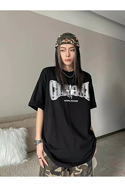 LOTS MODA Άνετο φαρδύ μπλουζάκι με στάμπα με αστέρια και γράμματα, κοντομάνικ...