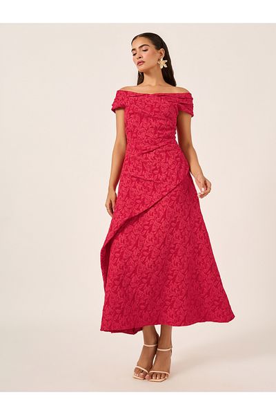 Styli Textured Lace Off Shoulder Neck Sheath Maxi Dress