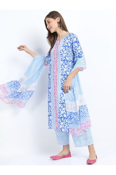 Vishudh By Styli Women Blue Printed Kurta Set with Dupatta