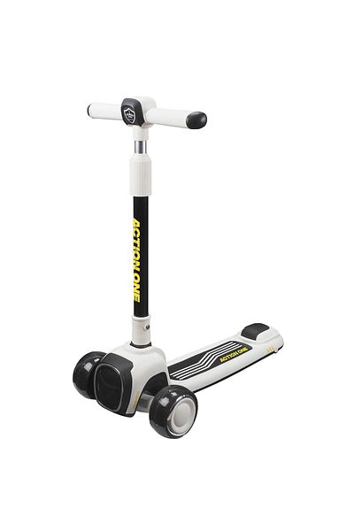 ACTION ONE Black & White scooter with front light and bright, wide wheels, white