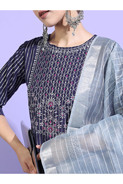 Vishudh By Styli Women Blue Striped Cotton Kurta Set