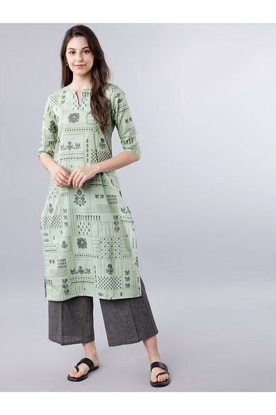 Vishudh By Styli Women Green Printed Straight Kurta