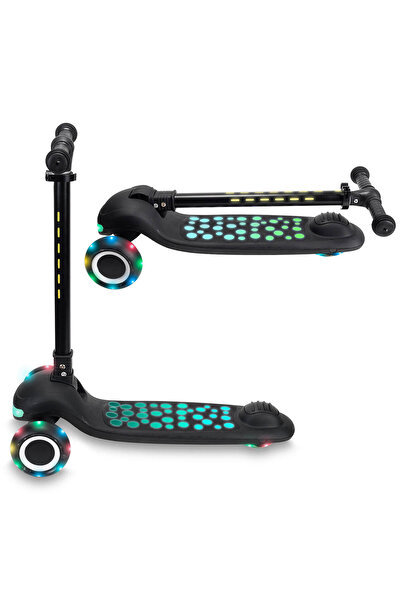 ACTION ONE Trotineta pliabila Dots cu lumina frontala, pe maner si platforma, muzica si roti luminoase, negru