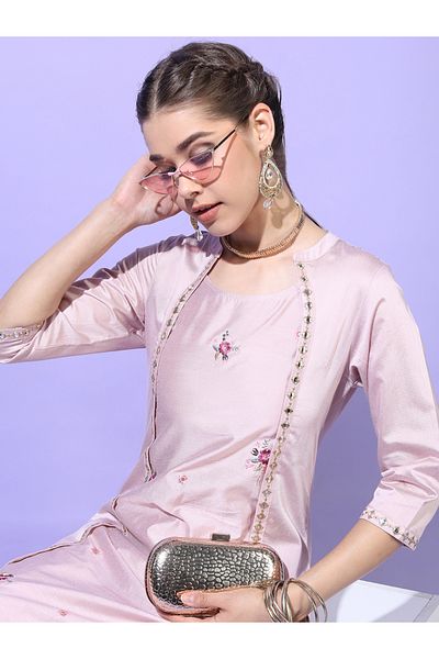 Vishudh By Styli Women Pink Embroidered Kurta Set with Trousers