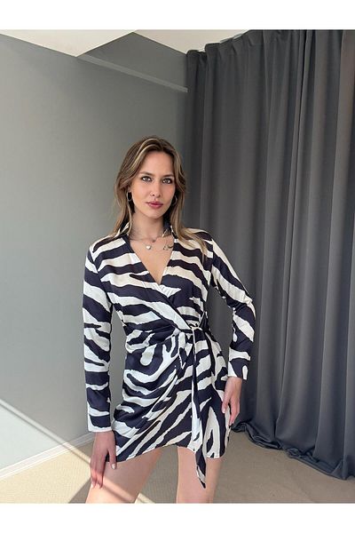 AlisaSu Black Shirt Collar Patterned Satin Dress