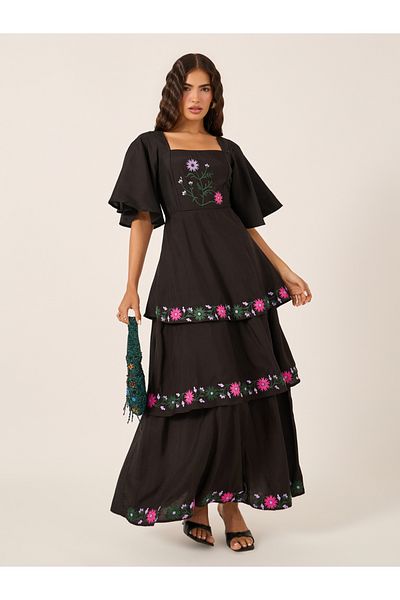 Styli Embroidered Elbow Sleeves Tiered Maxi Dress