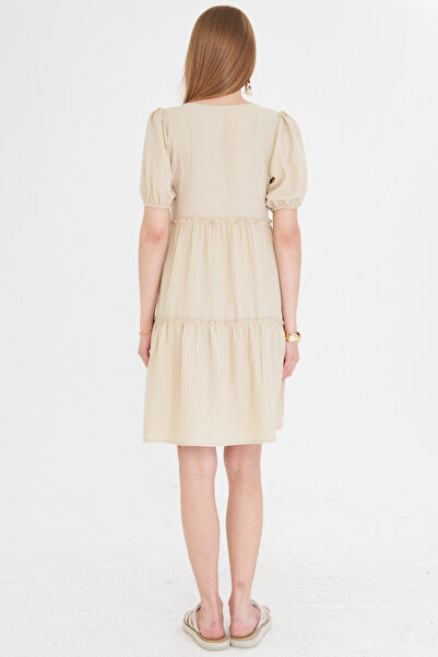 armonika Γυναικείο Μπεζ φόρεμα με κοντό μανίκι με λαιμόκοψη ARM-25Y 001049