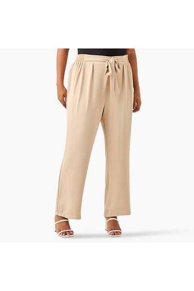 Ulla Popken Plus Size Ulla Popken Wide Leg Trousers with Tie-Up Waist