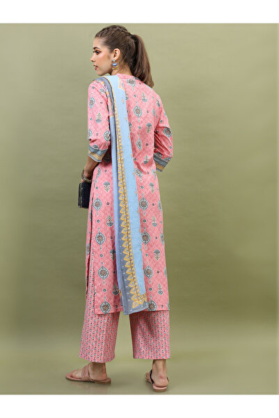 Vishudh By Styli Women Pink Printed Cotton Kurta Set with Dupatta