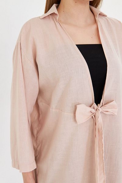 armonika Cămașă kimono de lungime midi din țesătură subțire de in, cu cravată în față, pudră, ARM-24Y 001081