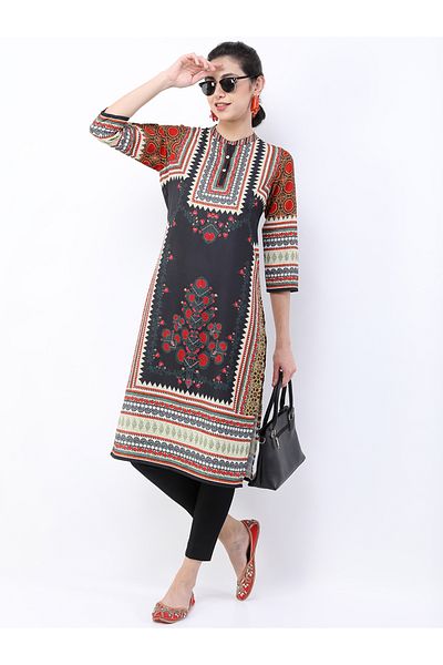 Vishudh By Styli Women Black Ethnic Motifs Printed Straight Kurta
