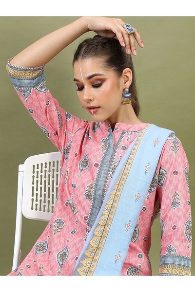 Vishudh By Styli Women Pink Printed Cotton Kurta Set with Dupatta