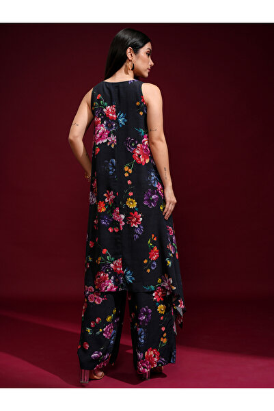 Vishudh By Styli Women Blue Floral Printed High Low Kurta with Palazzos