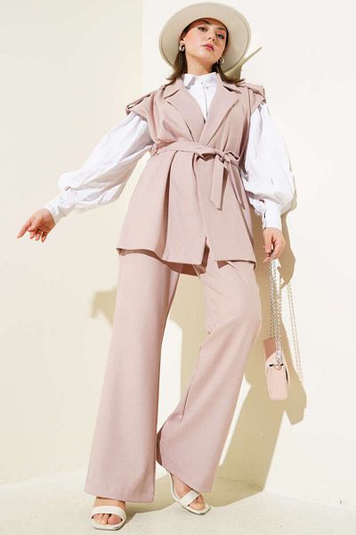 MODAMERSİ Women's Powder Striped Shoulder Epaulet Belted Vest Double Set