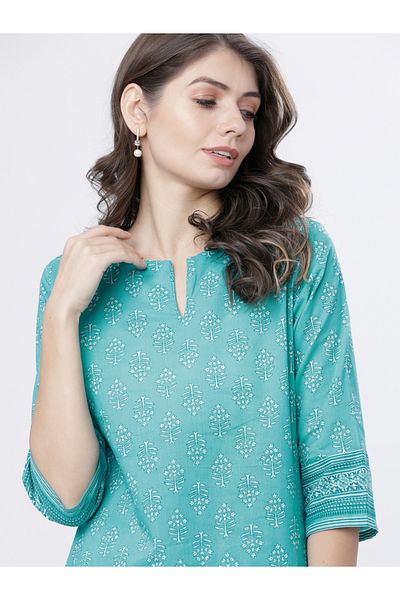 Vishudh By Styli Women Printed Cotton Kurta Set with Palazzos - Sea Green & White