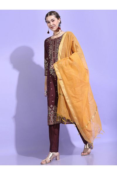 Vishudh By Styli Burgundy Printed Viscose Rayon Kurta Set with Dupatta