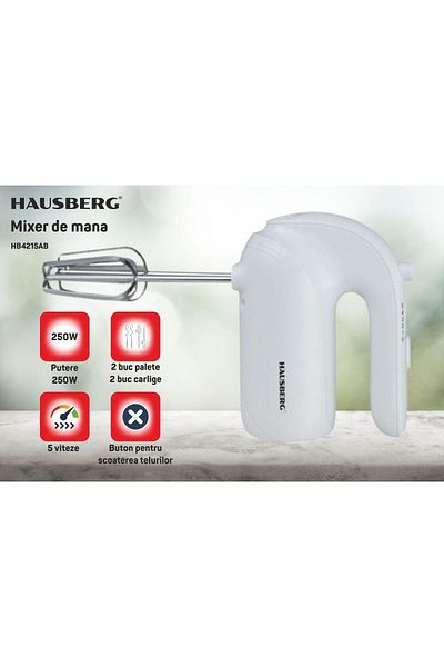 Hausberg Μίξερ χειρός Hb-4215ab, 250w, 5 ταχύτητες, επίπεδο θορύβου 85 Db, περιλαμβάνονται αξεσουάρ, λευκό