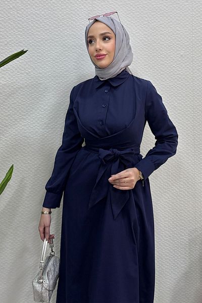 Tesettür Diyarı Φόρεμα Navy Blue Hijab - Δεμένο στη μέση