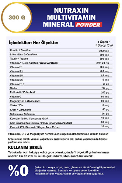 Nutraxin Multivitamin Mineral Powder 300 Gr Magnezyum, Taurin, Kreatin, L Carnitin, Ginseng, Co10, Energy