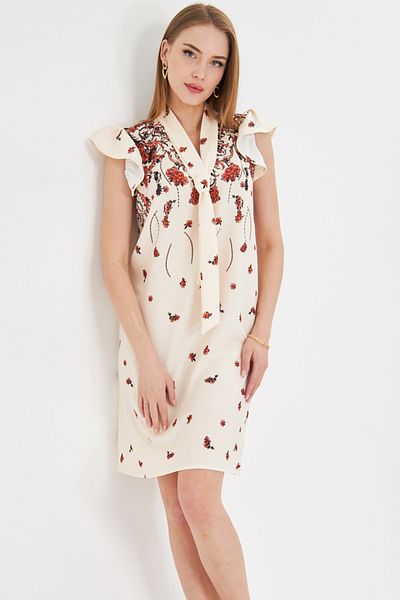 armonika Women's Tile V-Neck Dress with Ruffled Sleeves and Tie Detail Arm-25Y 001023