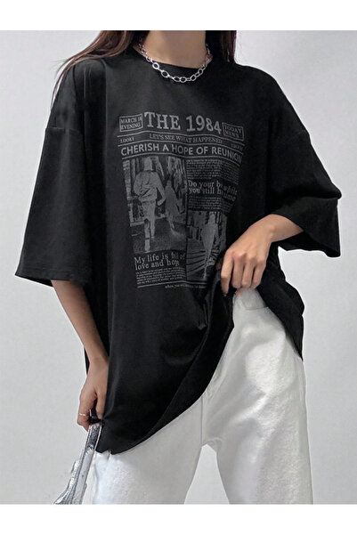 Revasser Unisex Erkek/Kadın The 1984 Özel Baskılı Oversize Pamuklu Bisiklet Yaka T-Shirt