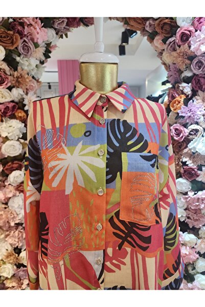 Kayra Kadın Fuşya Desenli Tunik Gömlek