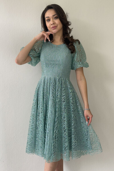 the ZKS Kadın Balon Kol Simli Kloş Midi Boy Abiye Elbise Su Yeşili, Siyah