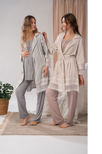LOHOUSE Women's Powder Woven Striped Design Maternity Pregnant Dressing Gown 3-Piece Pajama Set Set
