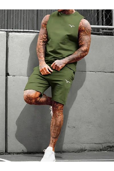 PENTHİLUS Men's Solid Color Round Neck Sleeveless Sea Bird Print Vest