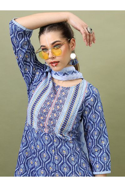 Vishudh By Styli Women Blue Cotton Kurta Set with Dupatta