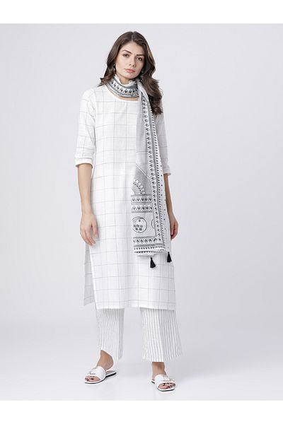Vishudh By Styli Women White Checked Cotton Kurta Set with Palazzo and Dupatta